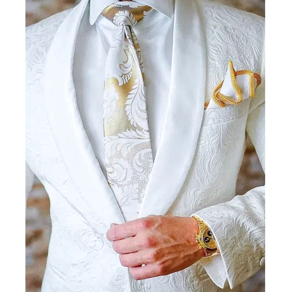 Formal Men Suits Single Breasted Shawl Lapel Blazer White Jacquard Slim Fit Wedding Full Set Chic 2 Piece Jacket Pants Outfits