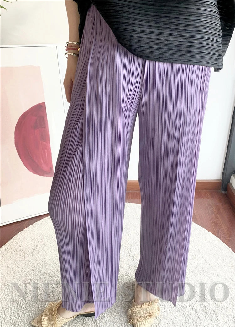 Miyake Pleated Black High Waist Split Side Straight Pants Women Causal Loose Cropped Trousers