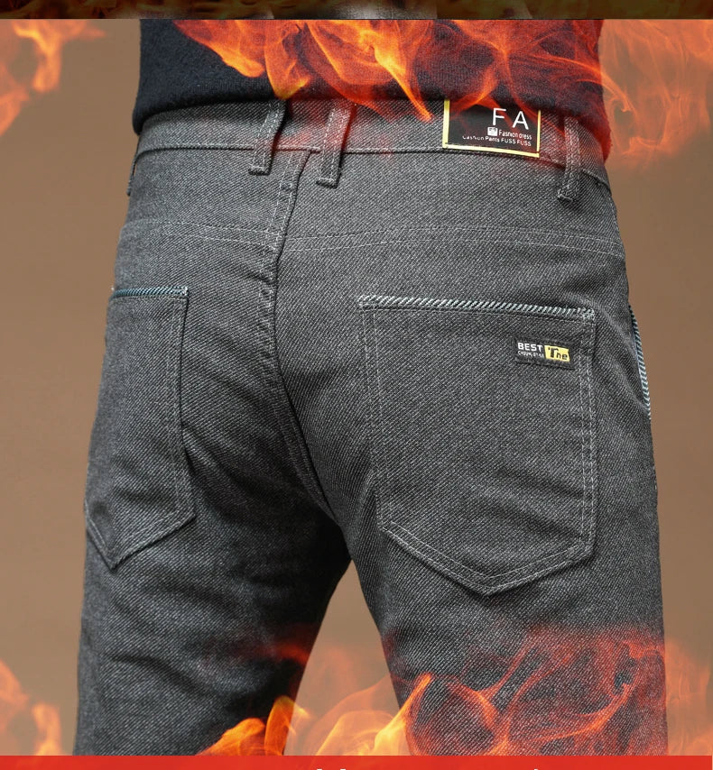 Winter Fashion Thermal Mens Casual Pants Fleece Lined Straight  Business Trousers Versatile Black Gray Blue Brand Trousers