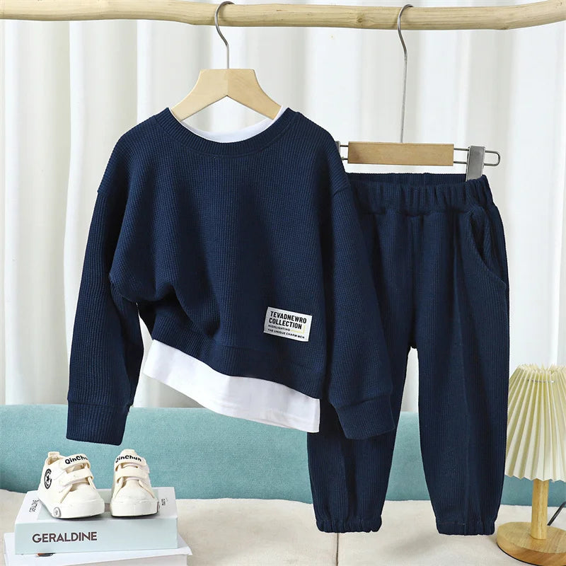 Kids Waffle Casual Sets Boys Autumn Spring Classic Suits Girls Long Sleeves Clothing Children Fashion Top+Pants 2Pcs Outfits
