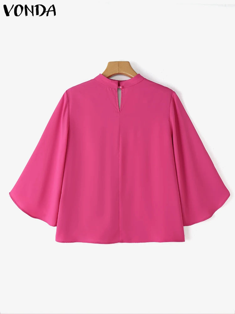 VONDA Plus Size Fashion Blouse Women Elegant OL Shirts Casual Hollow Out V Neck Solid Color Tunic Tops 3/4 Sleeve Blusas 5XL