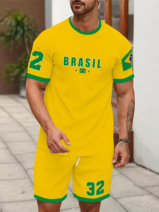 Men's Summer Sports T-Shirt Shorts Suit 2025 New Round Neck Breathable Sweat Jersey Outdoor Running Quick Dry Clothing