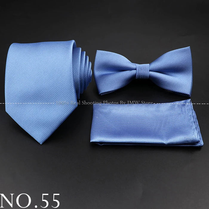 Hot Sale Red Blue Tie Set Polyester Slim Striped Necktie Bowtie Cufflink Brooch For Groom Suit Wedding Cravat Shirt Accessory