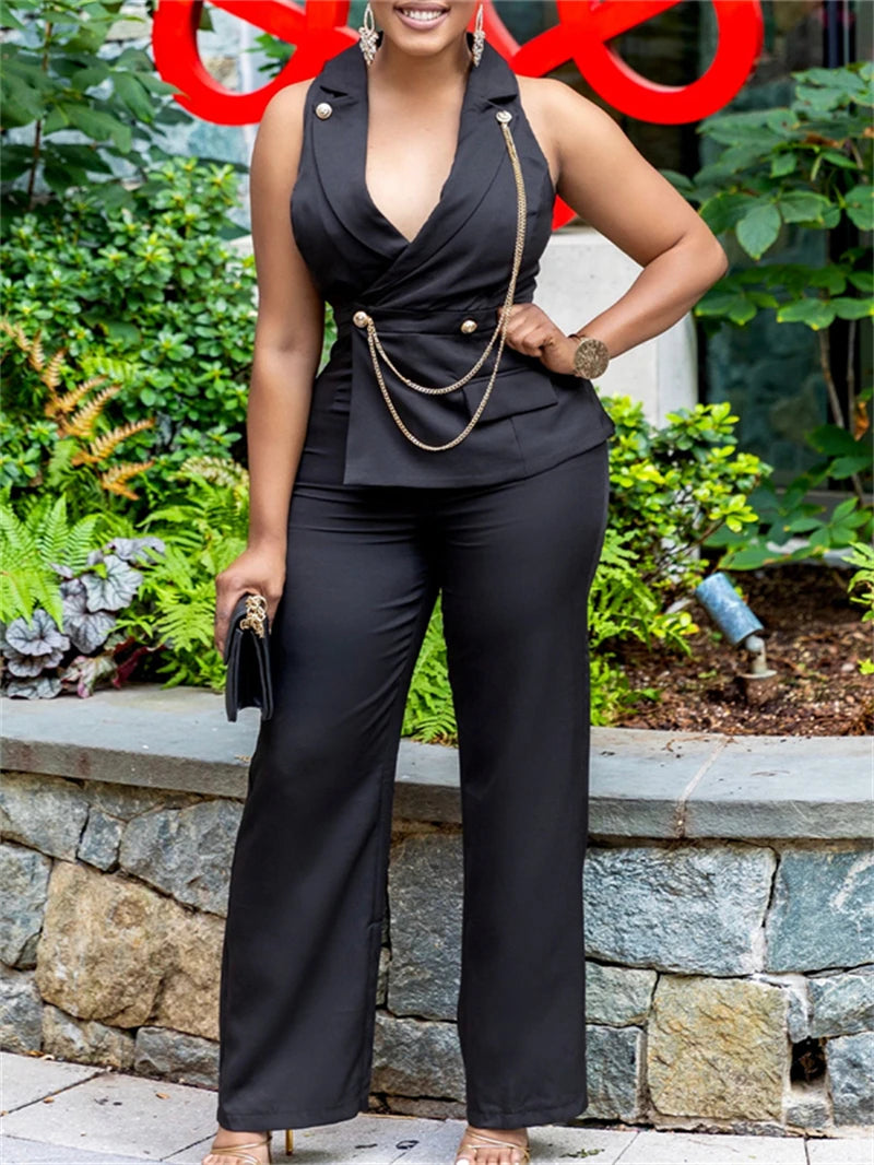 Elegant Blazer Jumpsuits Summer Clothes Women Sleeveless V-Neck Straight Pants Rompers Playsuits OL Style One Pieces Overalls