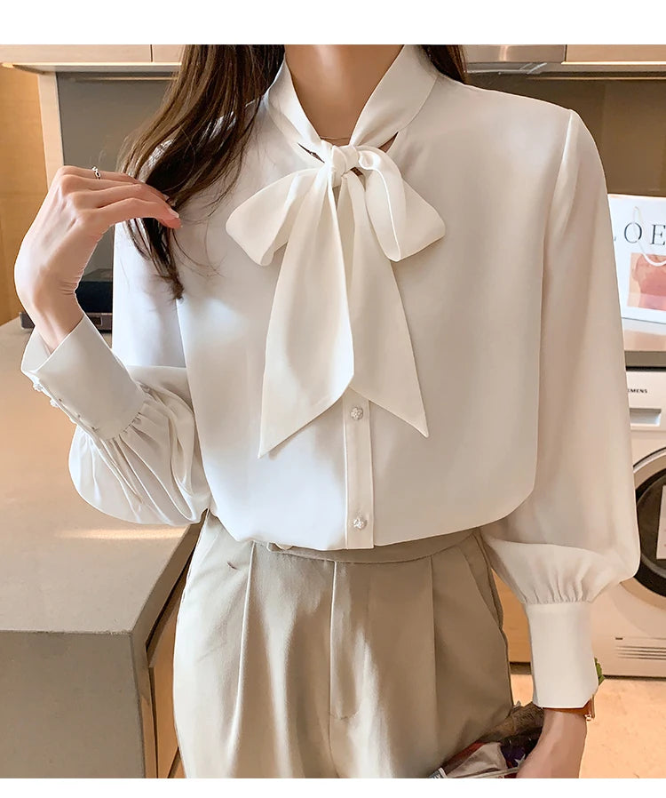 H Han Queen New Arrival Shirt Womens Blouse Vintage Work Casual Tops Chiffon Blouse Bow Elegant Loose Women Business Shirts 2021