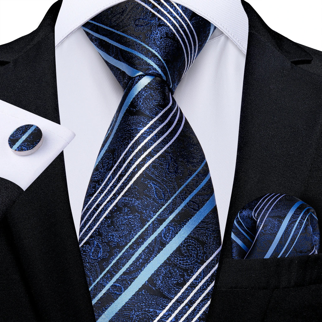 Royal Blue Paisley Plaid Striped Men tie Set with Handkerchief Cufflinks Wedding Prom Groom Accessories Perfect Gift for Men