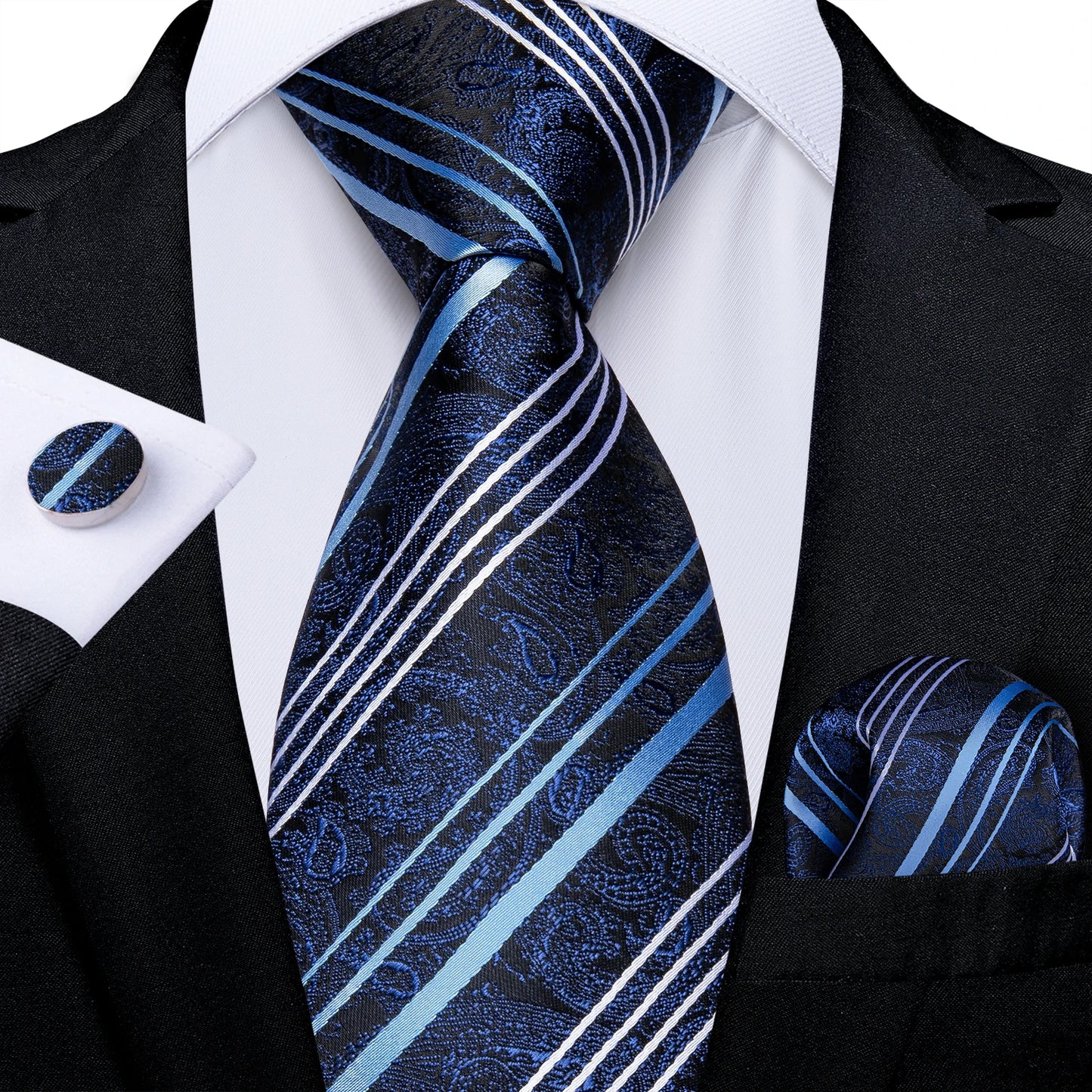 Royal Blue Paisley Plaid Striped Men tie Set with Handkerchief Cufflinks Wedding Prom Groom Accessories Perfect Gift for Men