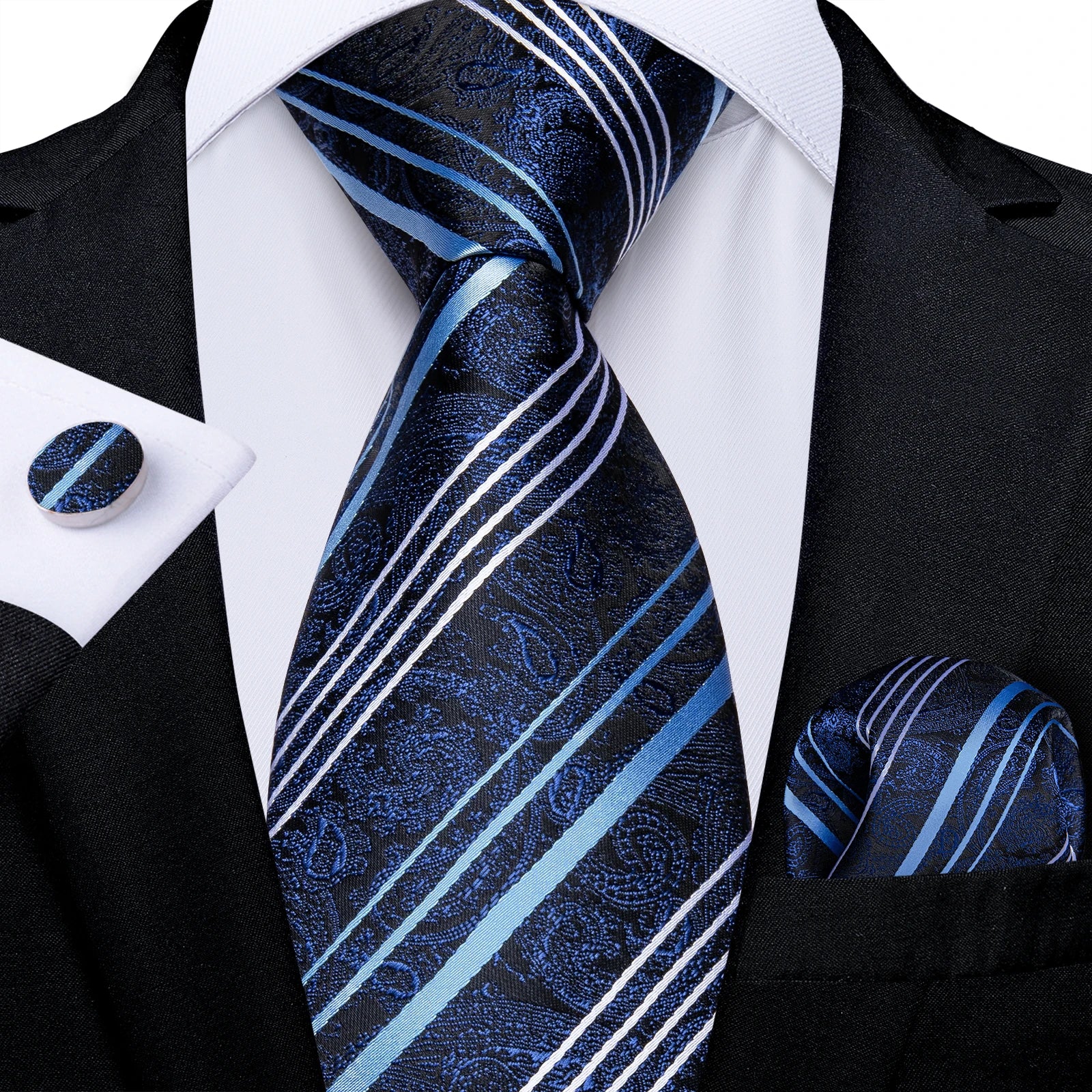 Royal Blue Paisley Plaid Striped Men tie Set with Handkerchief Cufflinks Wedding Prom Groom Accessories Perfect Gift for Men
