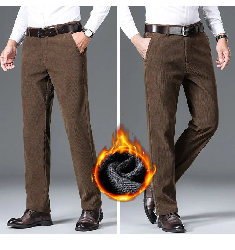 Winter New Corduroy Thick Pants Men's Fleece Fashion Business Straight Trousers Brand Comfortable Velvet Warm Plush Loose Pants
