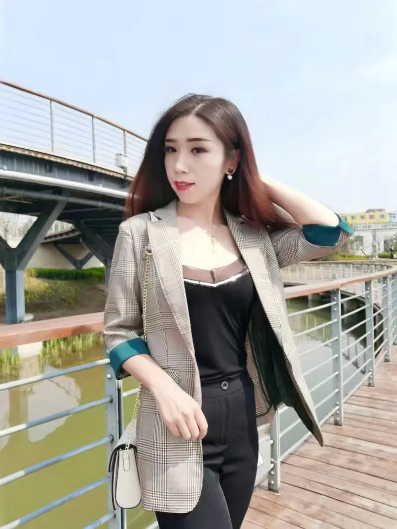 New Fashion Business Interview Plaid Suits Women Work Office Ladies Long Sleeve Spring Casual Blazer