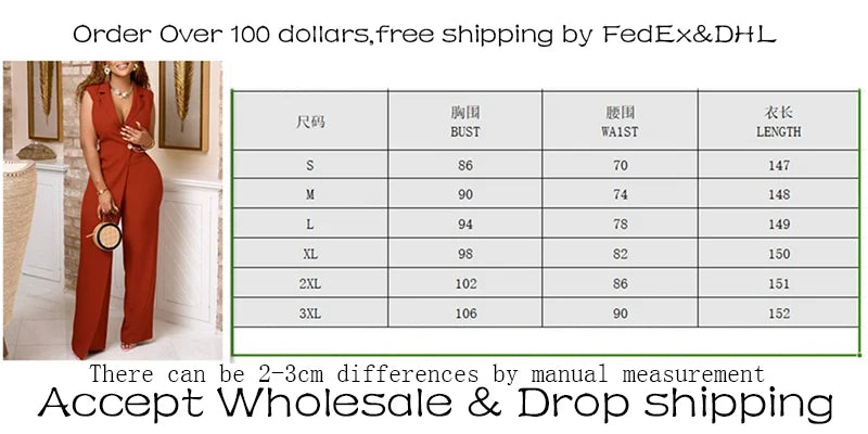 Women's Jumpsuit with Chain V Neck Blazer Collar Full Length Jumpsuit Ladies Summer Sleeveless Jumpsuit Wholesale Dropshipping