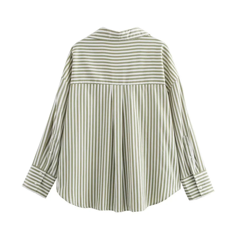 Traf 2025 women's spring new Europe-American fashion striped long sleeve lapel loose version poplin shirt multi-color selection