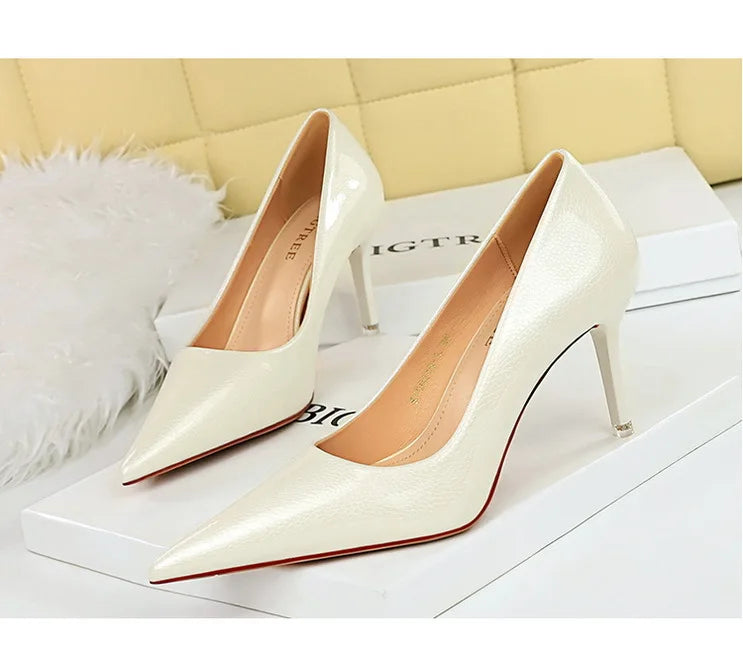 BIGTREE Elegant Simple Woman Heels Slim Heels High Heels Shallow Mouth Pointed Crystal Patent Leather Single Shoes  Women Shoes