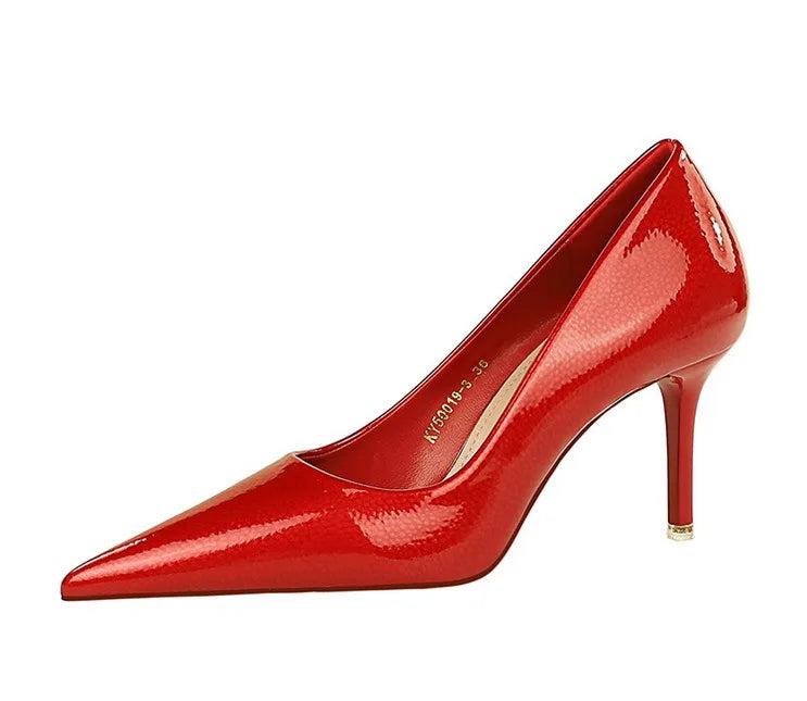 BIGTREE Elegant Simple Woman Heels Slim Heels High Heels Shallow Mouth Pointed Crystal Patent Leather Single Shoes  Women Shoes