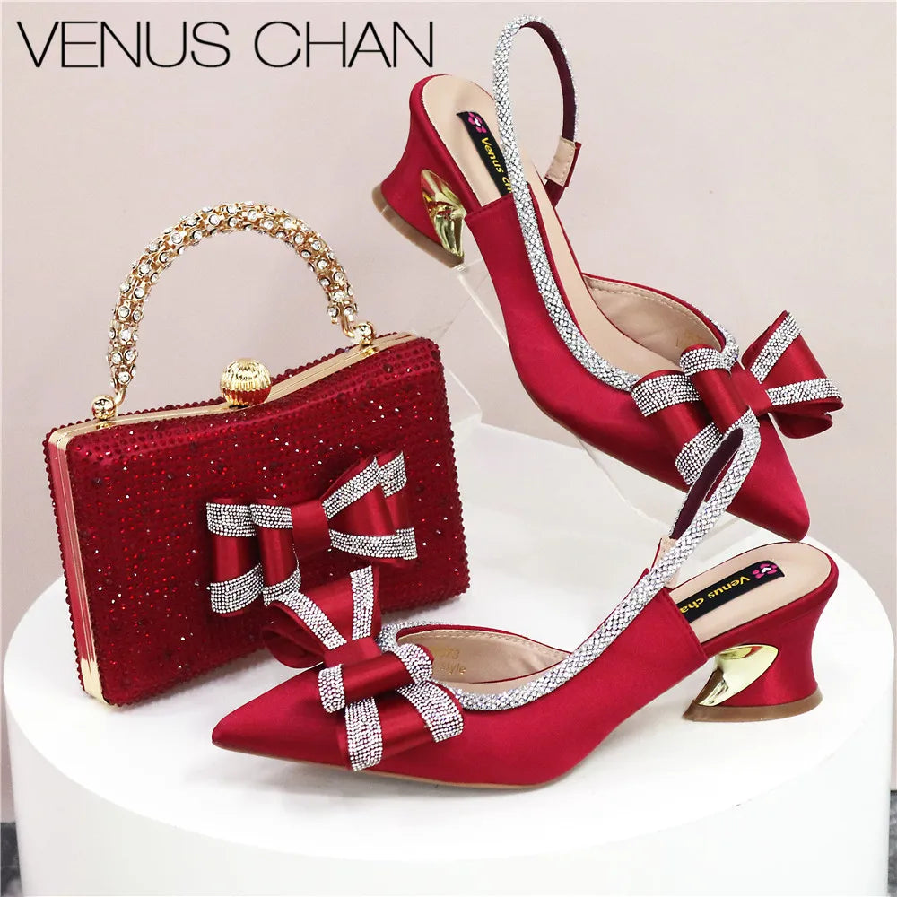 Med Heel Shoes for Women Hollowed Out Embroidery Rhinestone Italian Design Olive-green Color Pointed-Toe Shoes and Bags Set