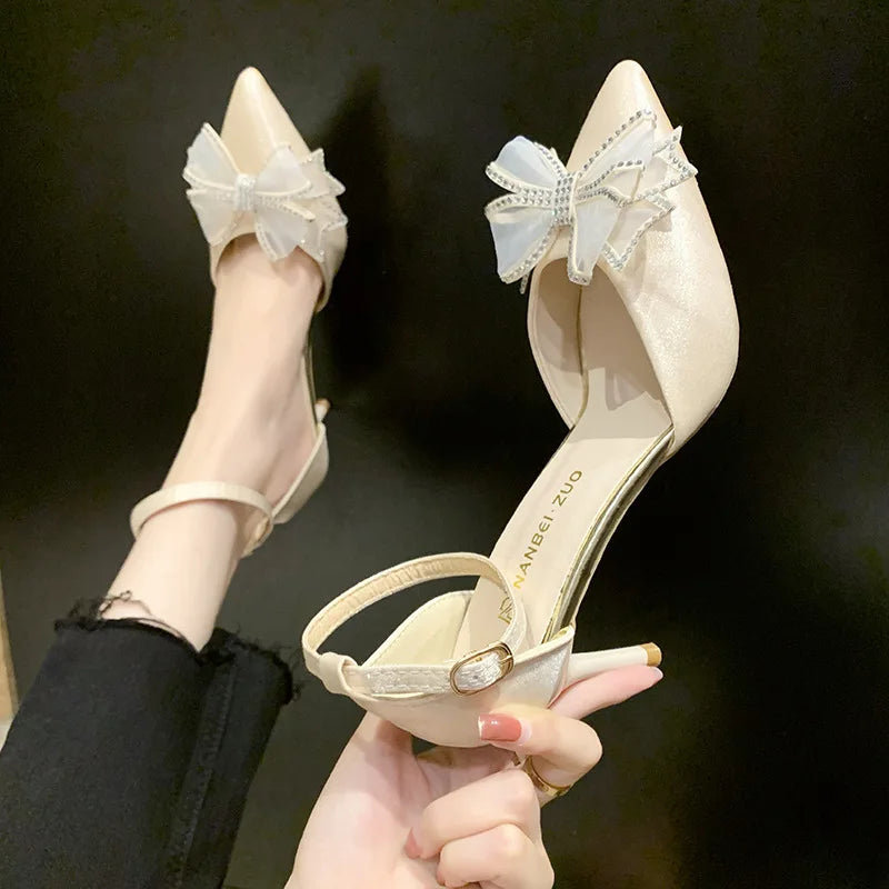 Crystal Wedding Shoes Bride Wedding Dress Two Wears  New Bow High Heels Women's Summer Slim Heels White Pointed Sandals  Women