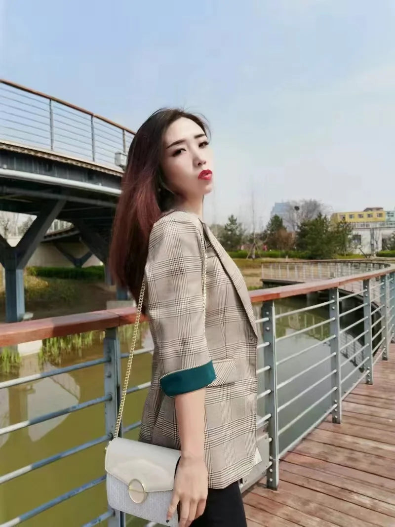 New Fashion Business Interview Plaid Suits Women Work Office Ladies Long Sleeve Spring Casual Blazer