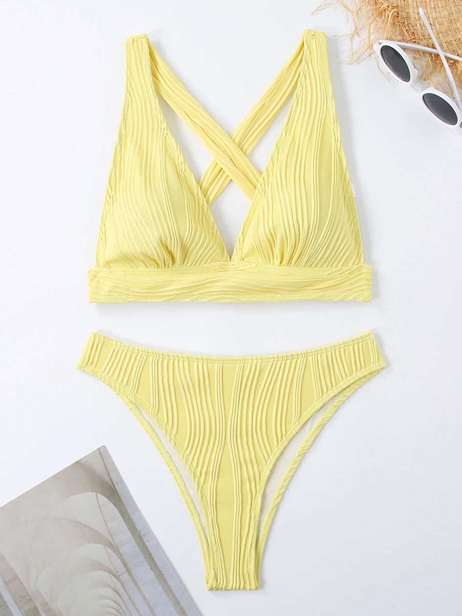Sexy Criss Cross Tie Back Bikini Women's Swimsuit 2024 Swimwear Trend Bathing Suits Hight Waist Bikinis Sets Push Up Beach Wear
