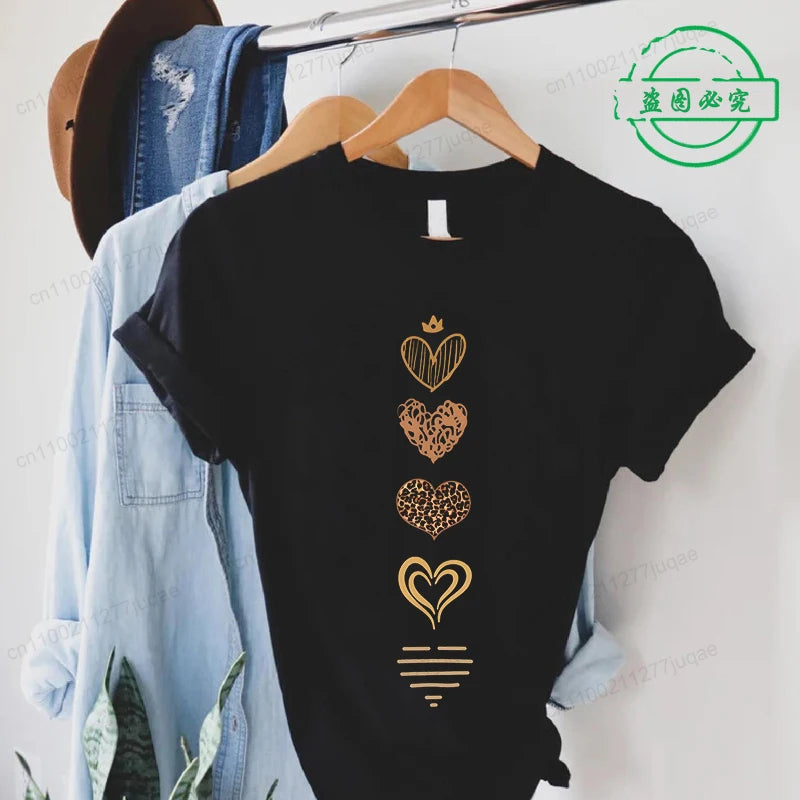 Leopard Heart Print Tshirt Women Fashion T Shirt Casual Summer Tee Leopard Heart Shirts Hip Hop Streetwear Short Sleeve Shirt