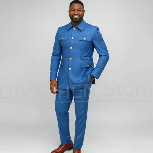 Men Suits 2 Piece Fashion Stand Collar Four Pockets Single Breasted Outfits Slim Chic Business Casual Wedding Party Tuxedos