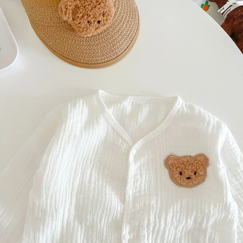 3Pcs Muslin Baby Jumpsuit Coat Hat Bear Baby Summer Clothes Set Kids Coat Romper White Toddler Outfit Suit Infant Clothing 0-3T