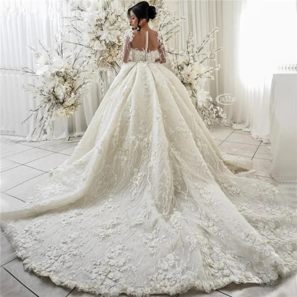Customized Vintage Full Lace Wedding Dresses Arabic 3D Floral Illusion Long Sleeves Bridal Gowns V Neck Vestidos