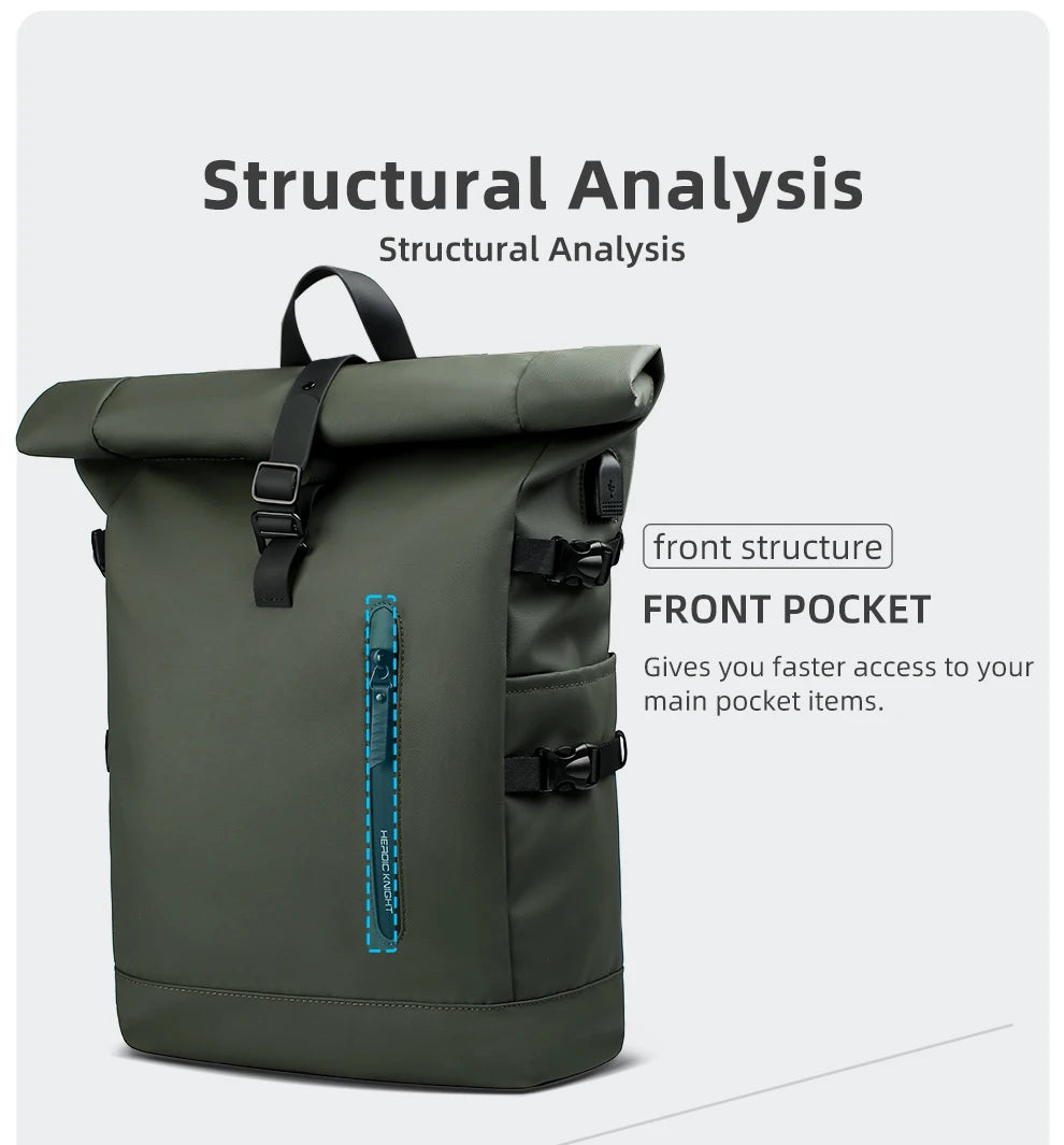 HK Expandable Waterproof Travel Backpack for Men Roll-Top Large Capacity 15.6 Inch Laptop Backpack with USB Hiking Camping Pack