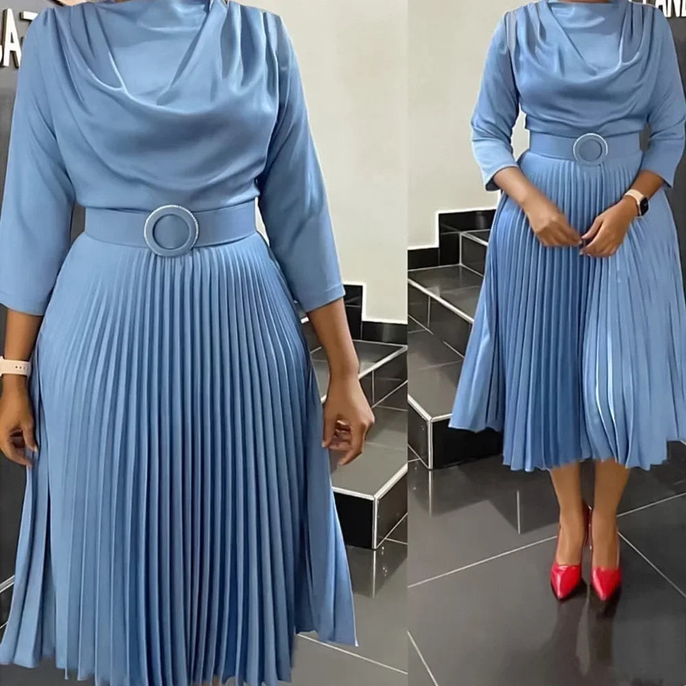 Elegant Pleated Dress for Women Professional Round Neck Full Sleeve Belt Waisted Mid Calf Formal Business Work Dress New