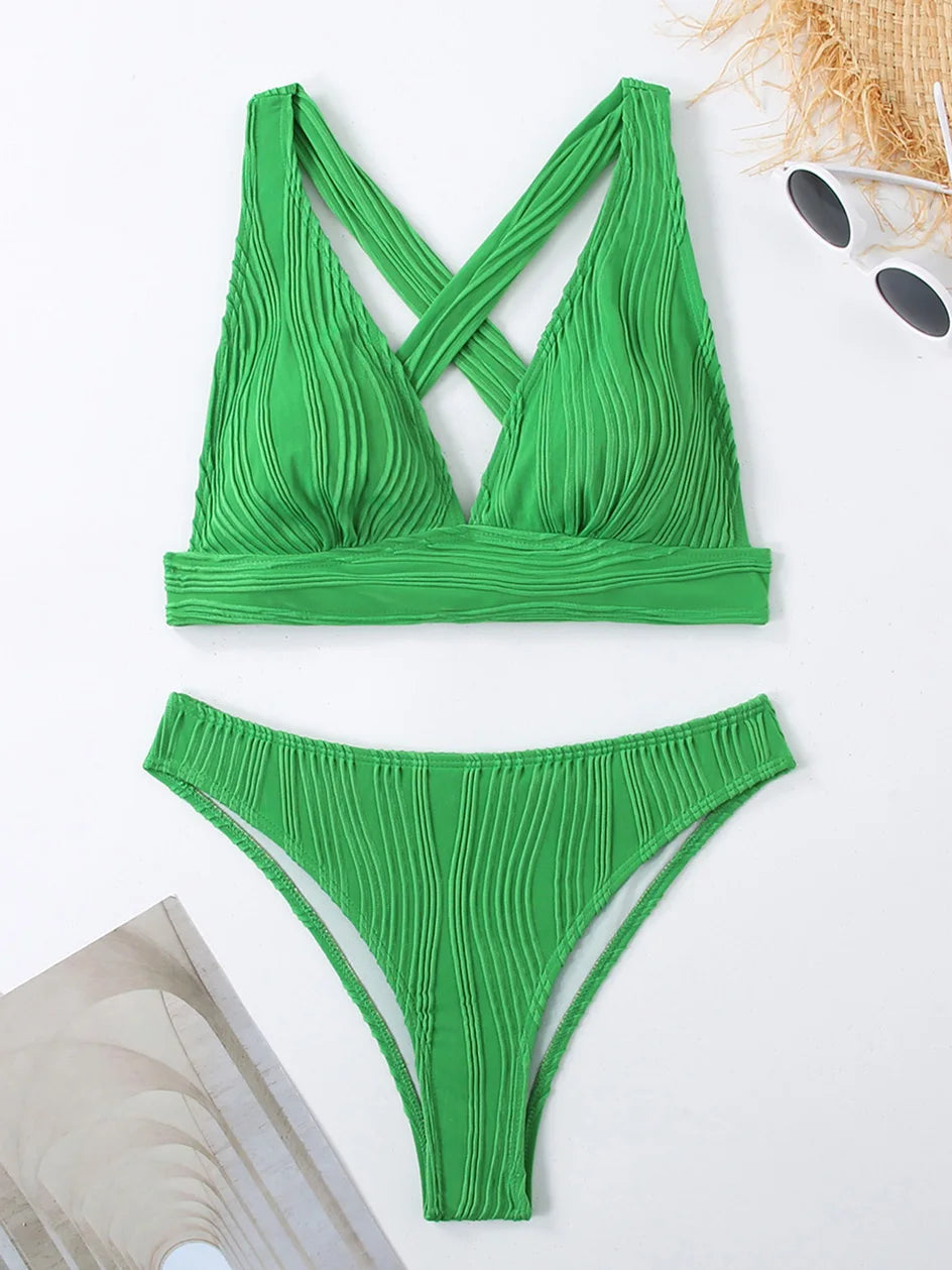 Sexy Criss Cross Tie Back Bikini Women's Swimsuit 2024 Swimwear Trend Bathing Suits Hight Waist Bikinis Sets Push Up Beach Wear