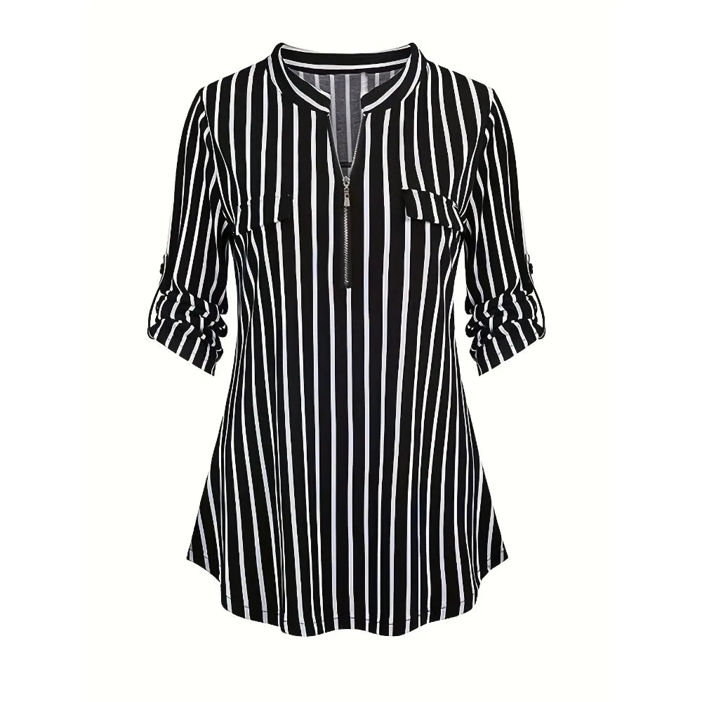 Plus Size 1XL-5XL Womens Stripe 3/4 Sleeve Bllouse Shirts Zipper V Neck Blouses Women Spring/Fall Fashion Stripe Pattern Shirt