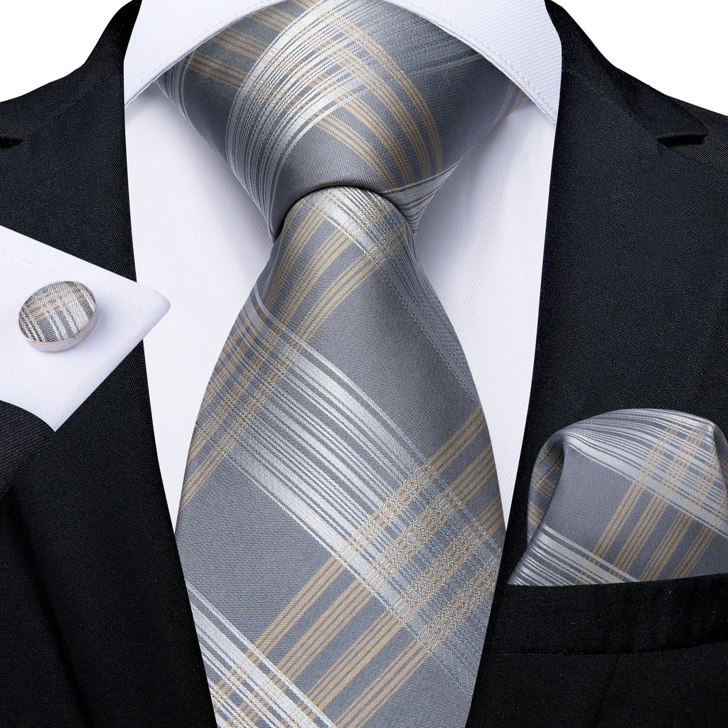 Solid Black Plaid Men's 8cm Polyester Neck Tie Handkerchief Cufflinks Set with Gift Box Tie Clip Birthday Anniversary Gift