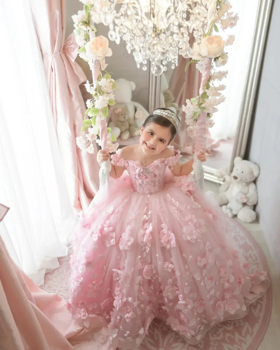 Pink 3d Applique Flower Girl Dress For Wedding Off Shoulder Luxurious Pearls Tulle Child First Eucharistic Birthday Party Dress