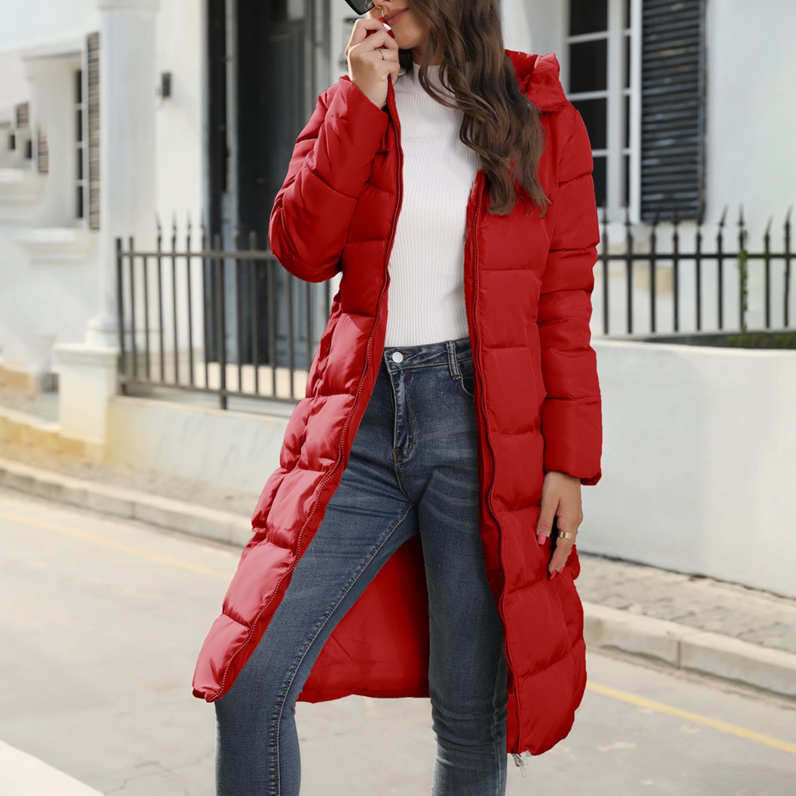 Women's Long Puffer Jacket Winter Warm Quilted Coat Long Sleeve Zip Up Outwear with Hood Casual Outfits Streetwear Autumn