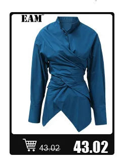 [EAM] Women Beige Irregular Hem Buckle Long Elegant Blazer New Lapel Long Sleeve Jacket Fashion Tide Spring Autumn 2025 CPDB133