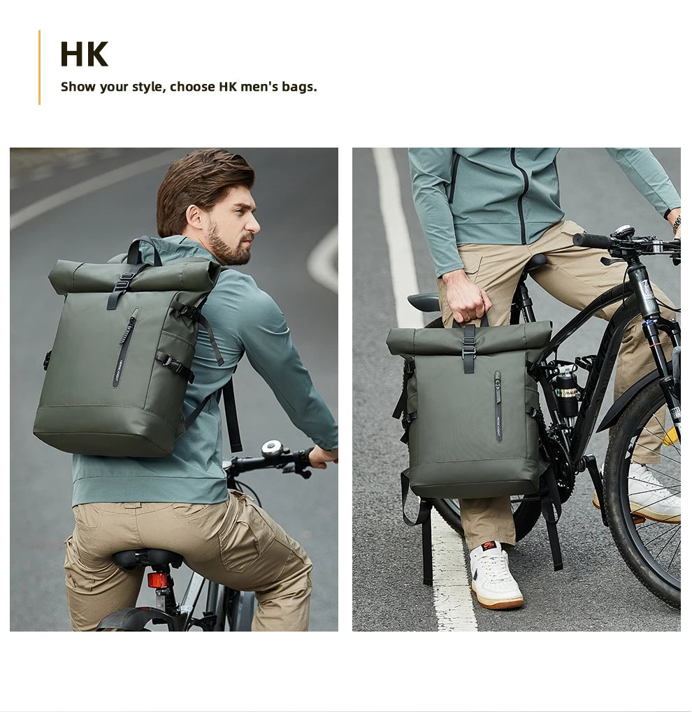 HK Expandable Waterproof Travel Backpack for Men Roll-Top Large Capacity 15.6 Inch Laptop Backpack with USB Hiking Camping Pack