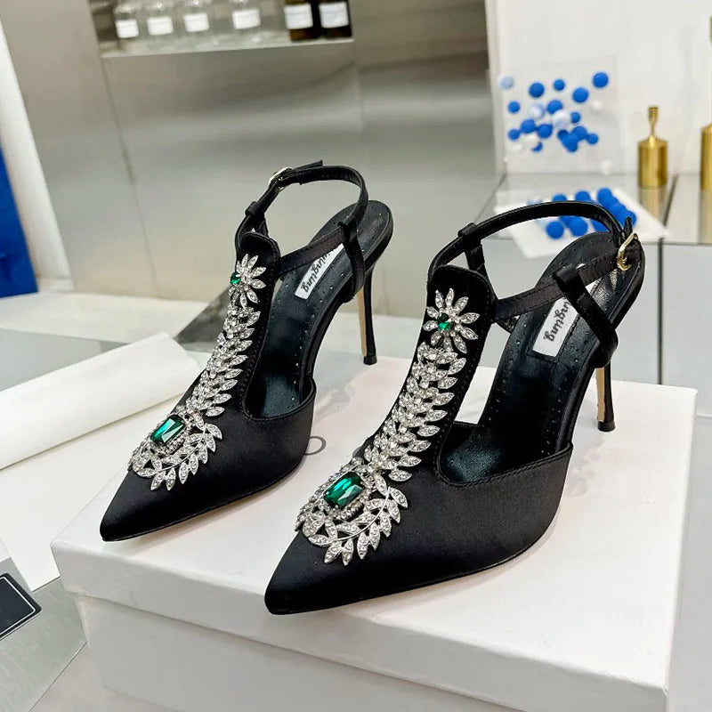 Ladies Wedding Shoes Rhinestone Pointed Toe High Heels Satin Gemstone Stiletto Sandals 2022 New Baotou Fairy Pump Wedding Shoes