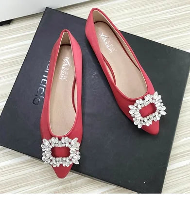 Women Green Blue Shoes Silk Null Plain Flats Pointed Toe Slip-On With Crystal Buckle Shallow Mouth Cute Retro Tacons  32-48 28cm