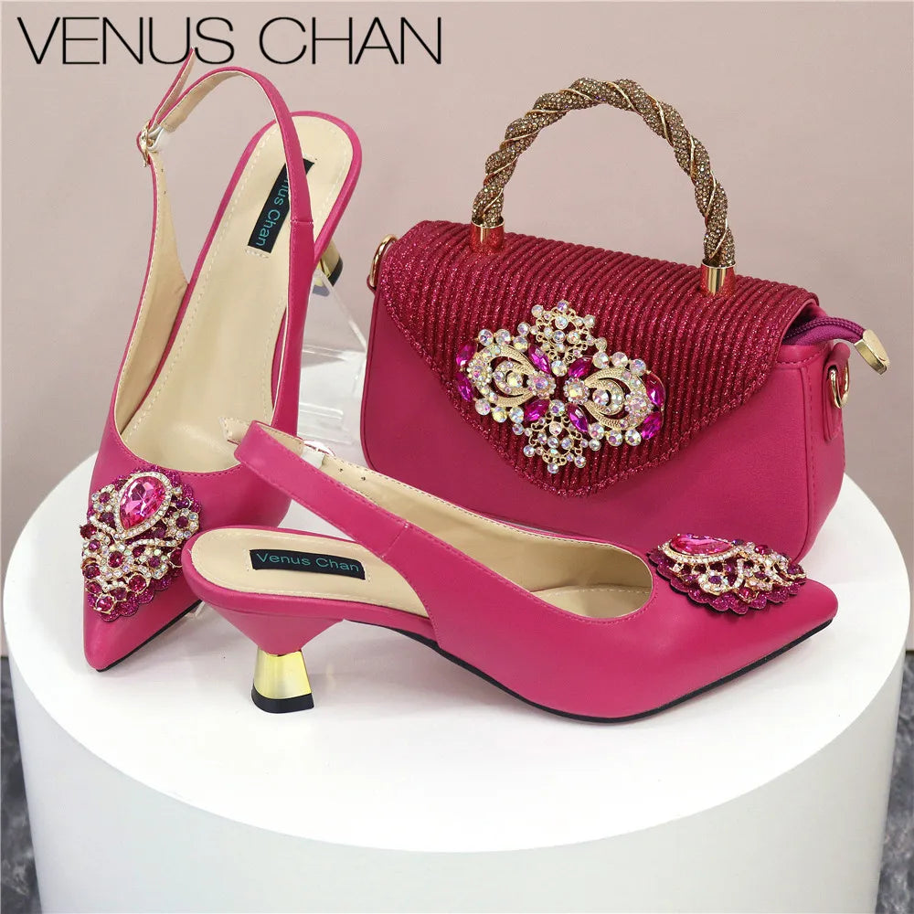 Italian 2024 Fashion Design Diamond Chain Full Diamond Bag And Pointed High Heels Noble And Generous Decoration Full Diamond