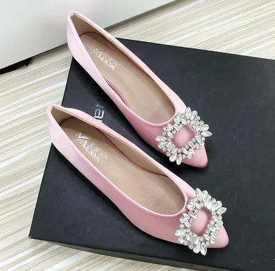 Women Green Blue Shoes Silk Null Plain Flats Pointed Toe Slip-On With Crystal Buckle Shallow Mouth Cute Retro Tacons  32-48 28cm