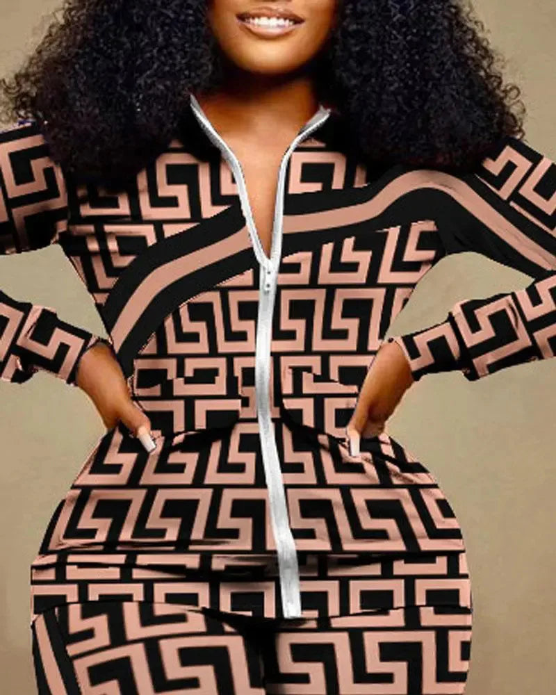 2023 Women Print Zipper Stand Collar Sheath Tops Two Piece Sets Full Sleeve Casual Long Straight Pants Set Autumn Winter