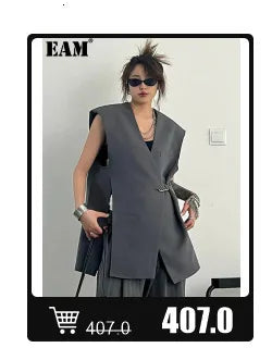 EAM Gray Spliced Pleated Personality Blazer Women New Lapel Long Sleeve Loose Fit Jacket Fashion Tide Spring Autumn 2025 30A1252
