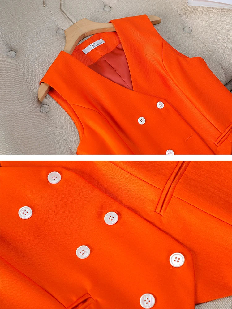 Autumn Winter Women Vest Blazer and Pant Suit Pink Navy Orange Office Ladies Business Work Career Wear Formal 3 Pieces Set