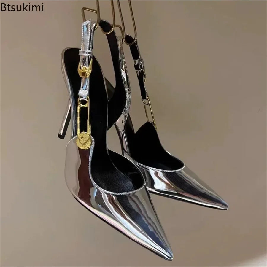 2025Women's Sexy Silk Rhinestone Pumps Belt Buckle Back Hollow Pointed Toe Thin Heel Sandals Pumps Female High Heels Party Shoes