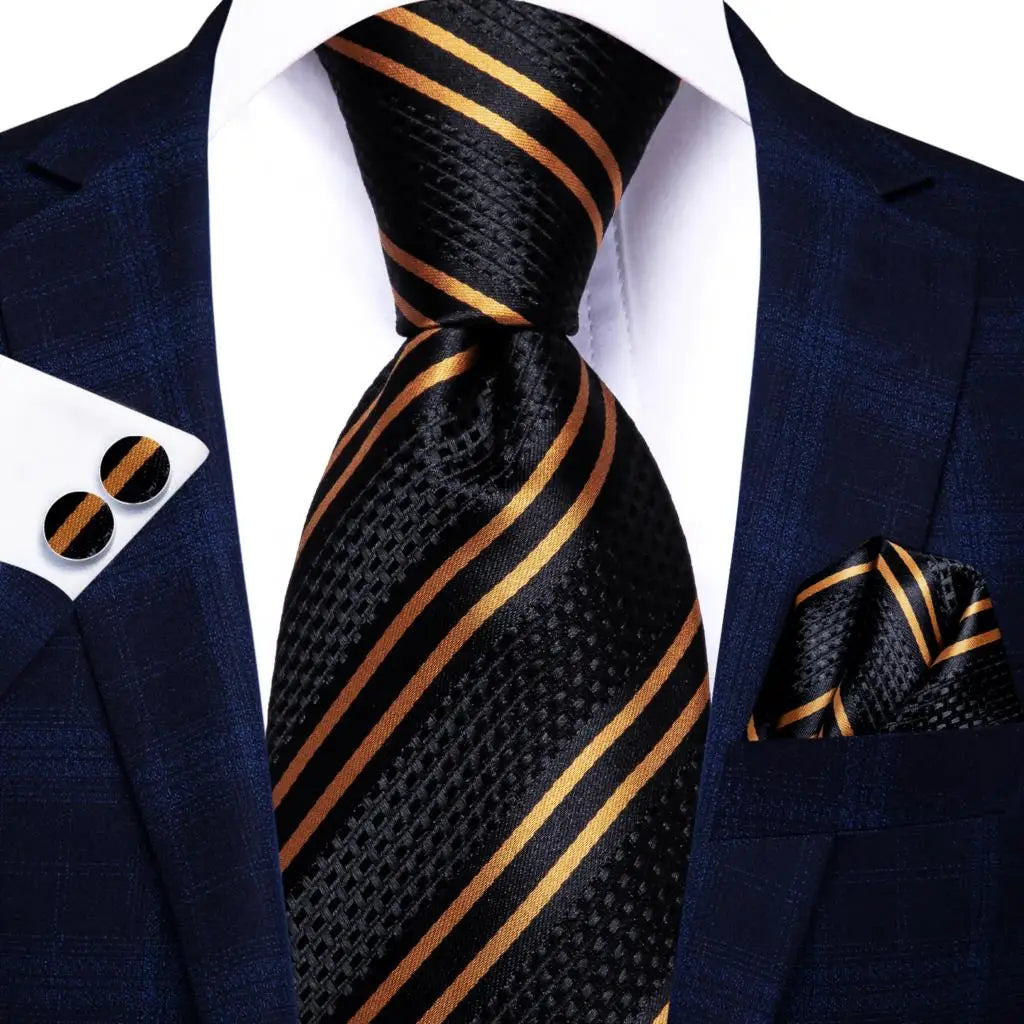 Hi-Tie Psialey Black Gold Silk Elegant Tie For Men Groom Wedding Men Necktie Pocket Square Cufflink Accessory Wholesale Designer