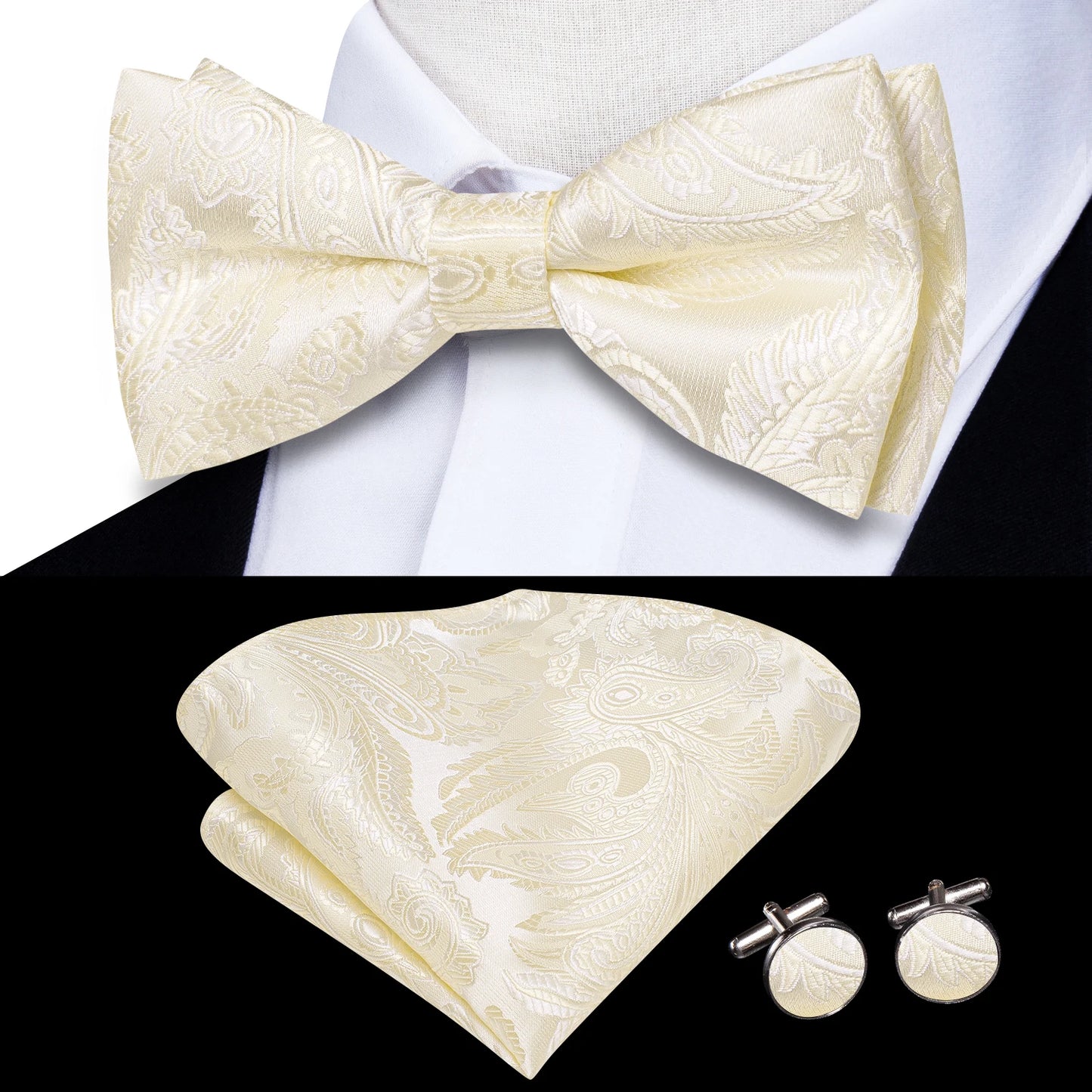 Hi-Tie Pink Dot Silk Mens Pre-tied Bow Tie Hanky Cufflink Set Dusty Pink Butterfly Knot Bowtie for Male Wedding Business