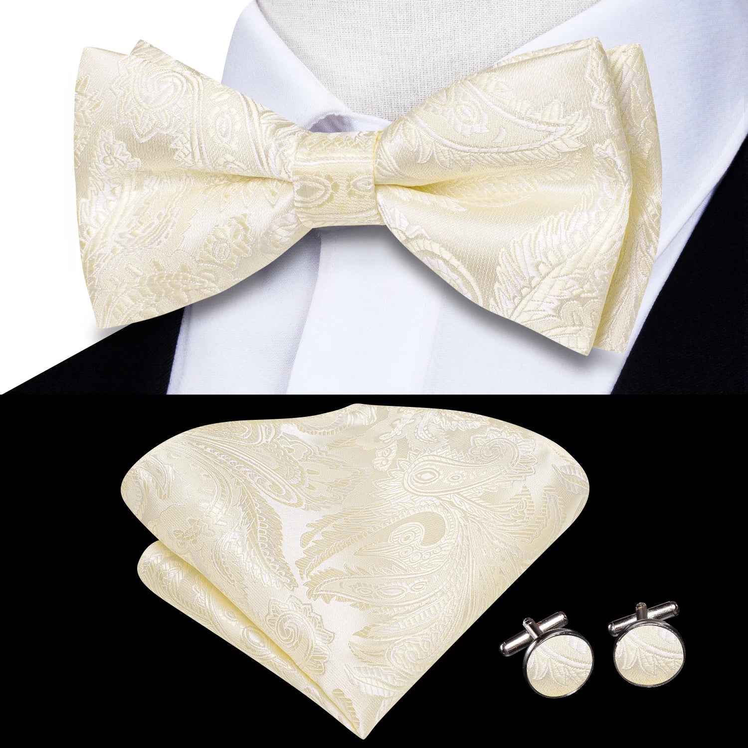 Hi-Tie Pink Dot Silk Mens Pre-tied Bow Tie Hanky Cufflink Set Dusty Pink Butterfly Knot Bowtie for Male Wedding Business