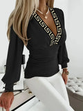 Women's Deep V-Neck Geometric Print Long Sleeve Top