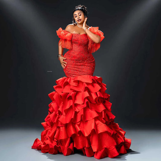 African Traditional Wedding Gown Bridal Photoshoot Dress Luxury Beading Wedding Reception Dresses Aso Ebi Women Birthday Dress