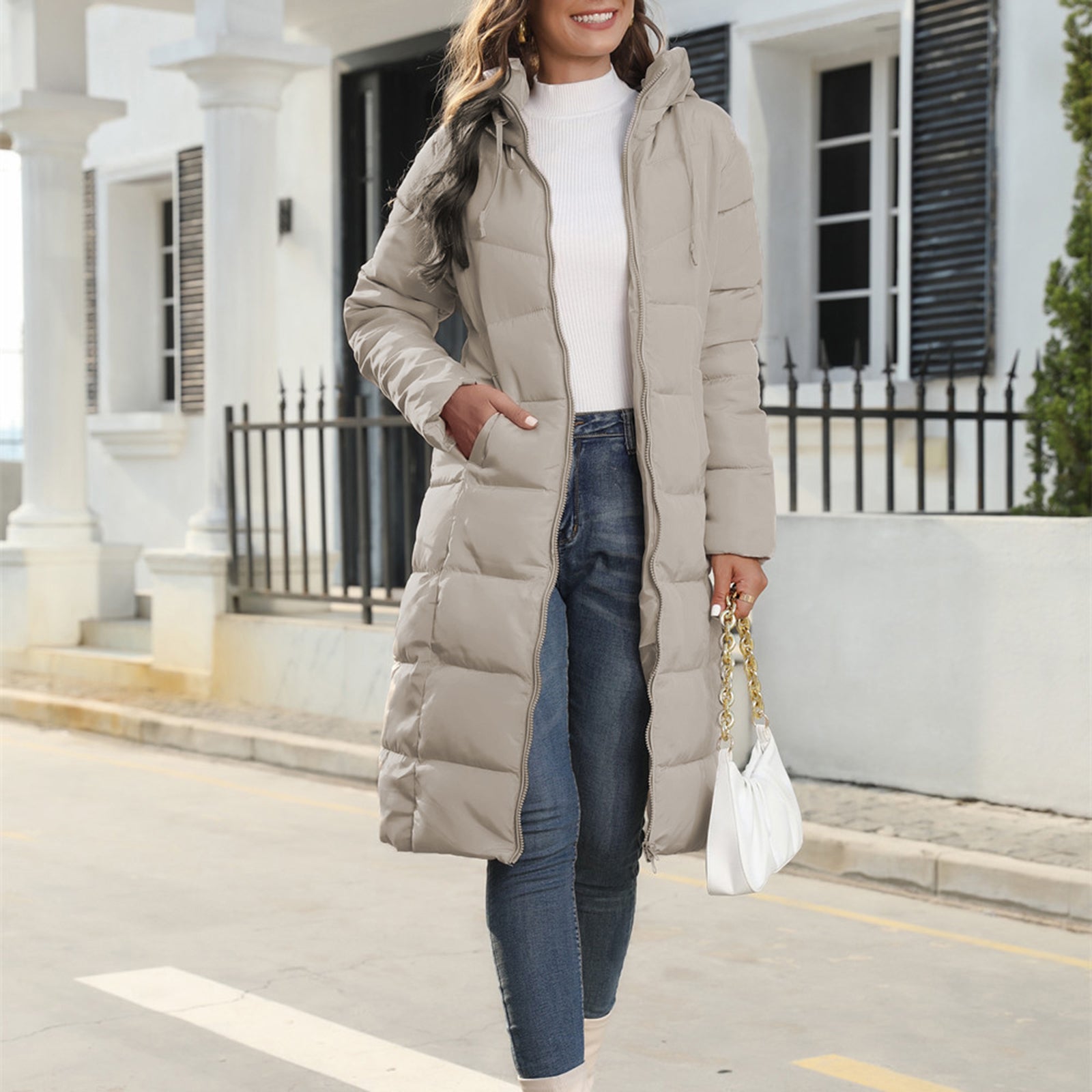 Women's Long Puffer Jacket Winter Warm Quilted Coat Long Sleeve Zip Up Outwear with Hood Casual Outfits Streetwear Autumn