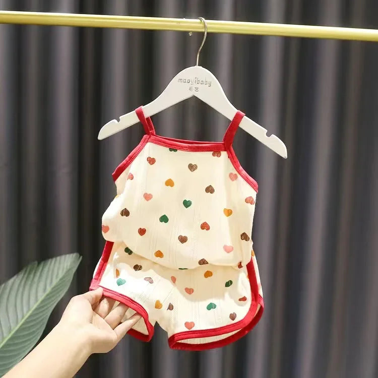 2024 Summer New Baby Sleeveless Tops And Tight Waist Shorts 2 Pieces Suit Girls Square Collar Clothing Set Kids Cotton Clothes